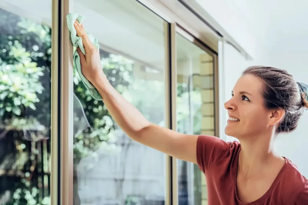 A woman cleaning a window pane with a cloth