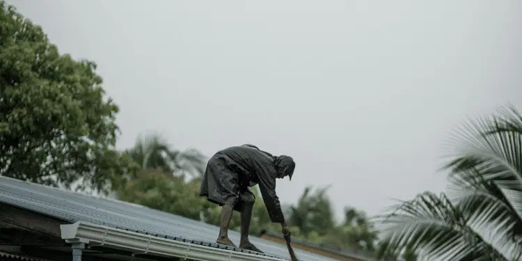 A person clearing a gutter while standing on a corrugated metal roof