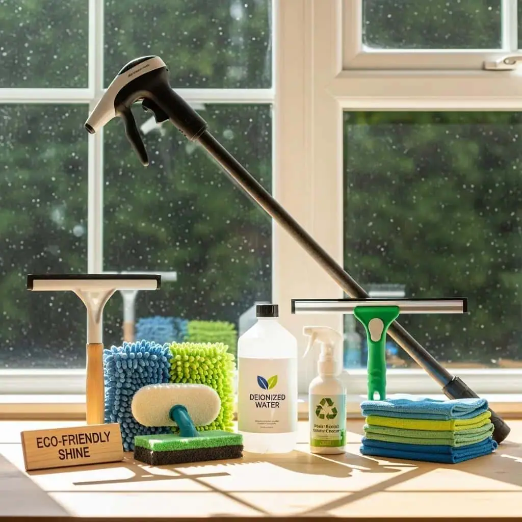 Eco-friendly cleaning tools for double glazed windows, including a water-fed pole and deionized water