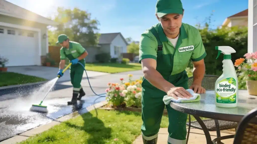 Eco-friendly cleaning products in use for sustainable exterior cleaning practices
