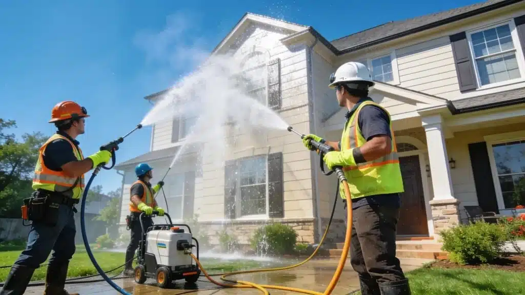 Professional exterior cleaning team using high-pressure washing on a residential property