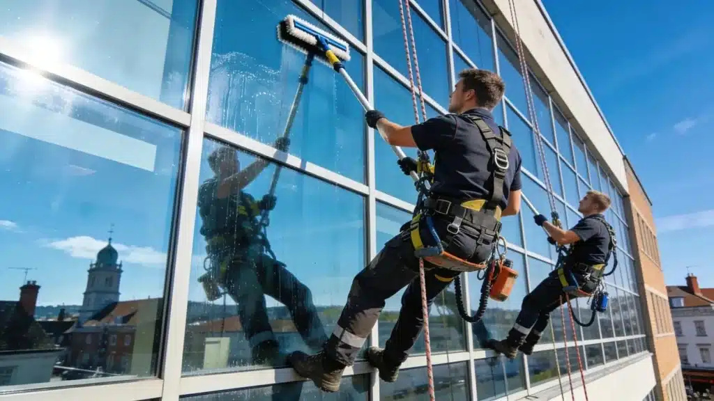 Window cleaning team adhering to safety standards while working on a commercial building in Maidstone, ensuring professional practices