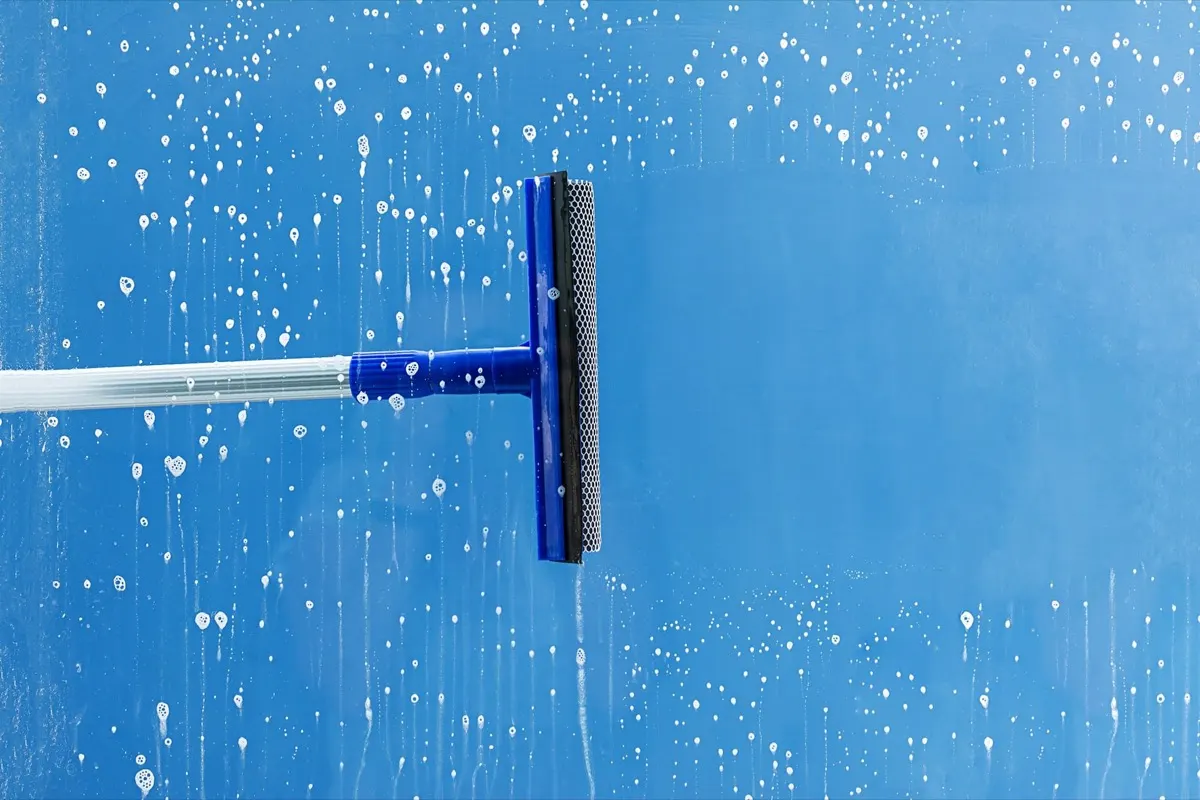 A squeegee clearing a stripe through soapy water on a window pane